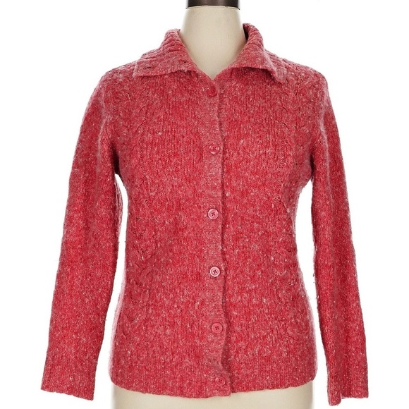 L.L. Bean Button Front Cardigan Sweater Cable Knit Wool Blend Marled Red XL Cozy - Picture 1 of 13